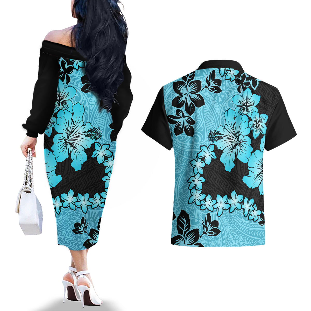 Blue Hawaii Couples Matching Off The Shoulder Long Sleeve Dress and Hawaiian Shirt Tapa Cloth Mix Tropical Flowers Pastel Vibes LT14 - Polynesian Pride