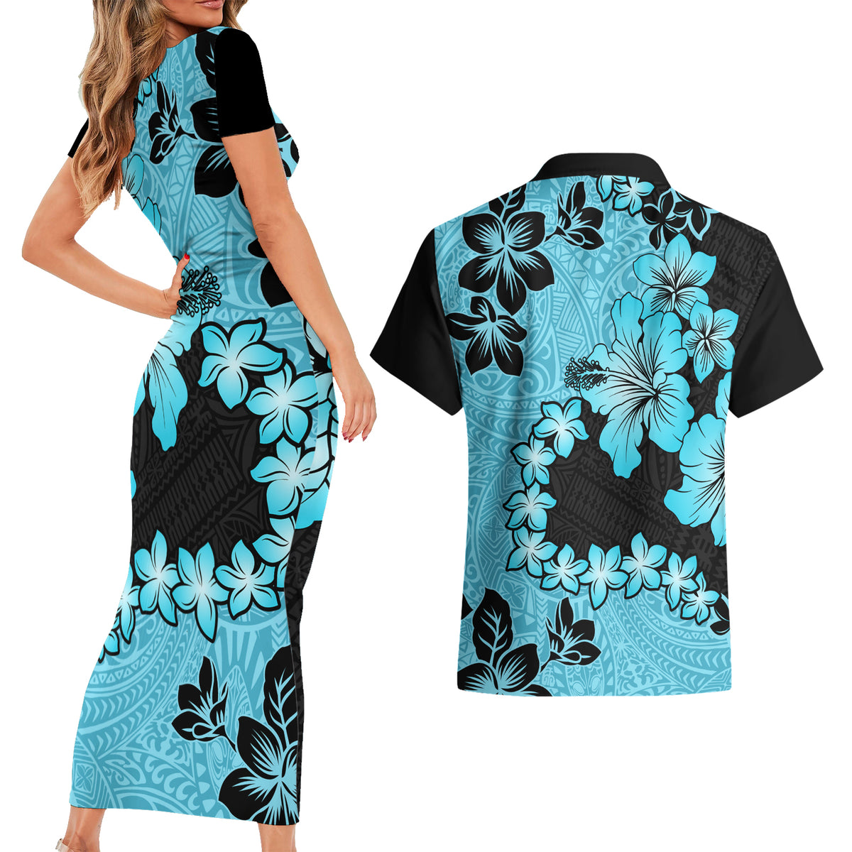 Blue Hawaii Couples Matching Short Sleeve Bodycon Dress and Hawaiian Shirt Tapa Cloth Mix Tropical Flowers Pastel Vibes LT14 - Polynesian Pride