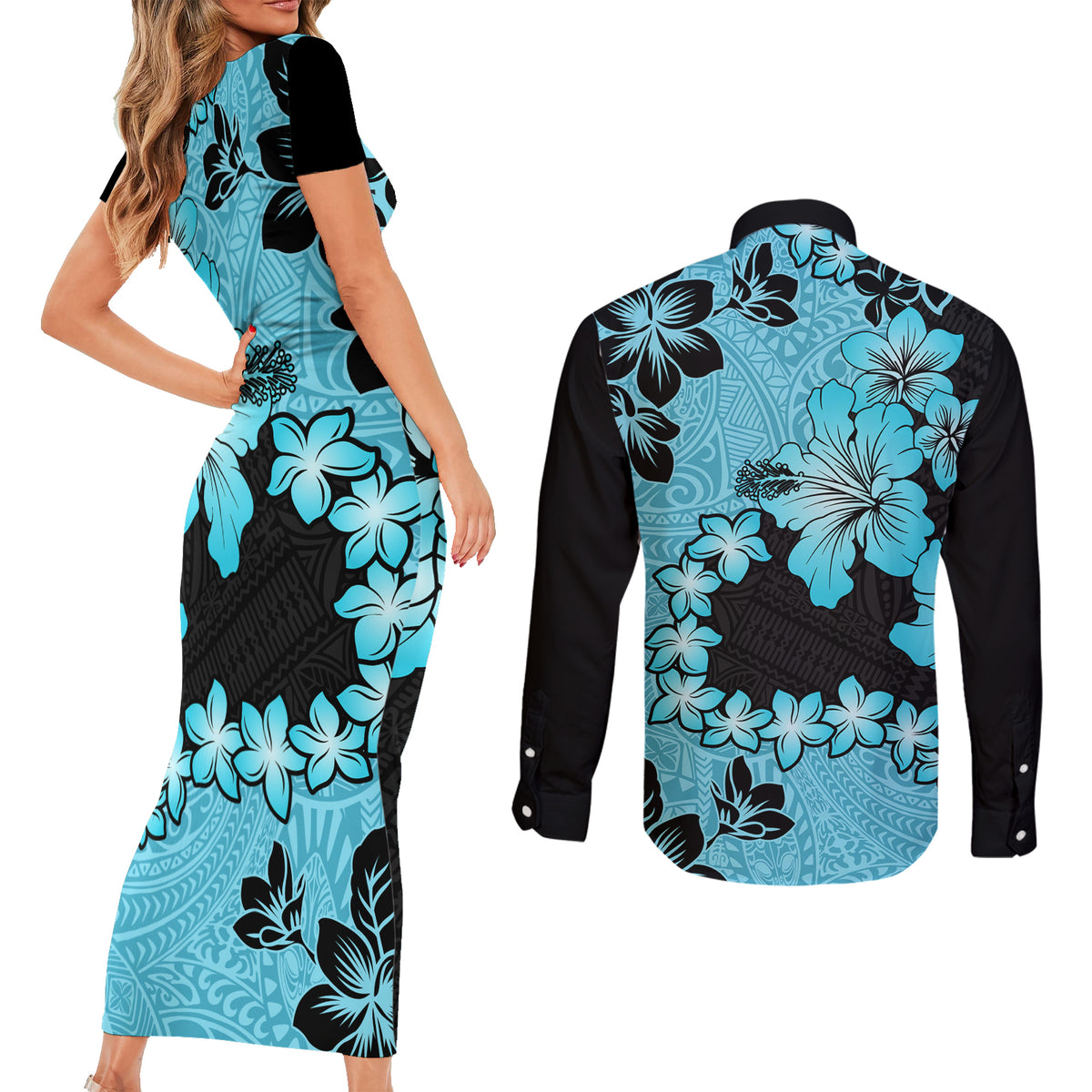Blue Hawaii Couples Matching Short Sleeve Bodycon Dress and Long Sleeve Button Shirt Tapa Cloth Mix Tropical Flowers Pastel Vibes LT14 - Polynesian Pride