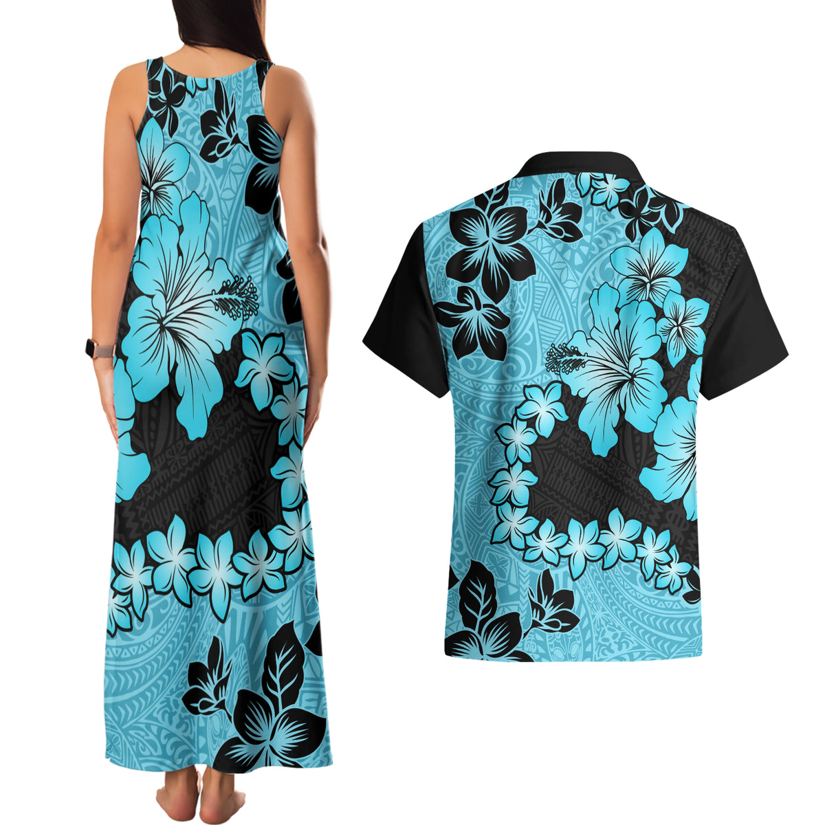 Blue Hawaii Couples Matching Tank Maxi Dress and Hawaiian Shirt Tapa Cloth Mix Tropical Flowers Pastel Vibes LT14 - Polynesian Pride