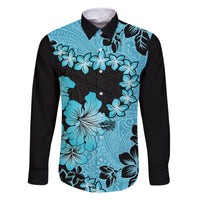Blue Hawaii Family Matching Long Sleeve Bodycon Dress and Hawaiian Shirt Tapa Cloth Mix Tropical Flowers Pastel Vibes LT14 Dad's Shirt - Long Sleeve Blue - Polynesian Pride