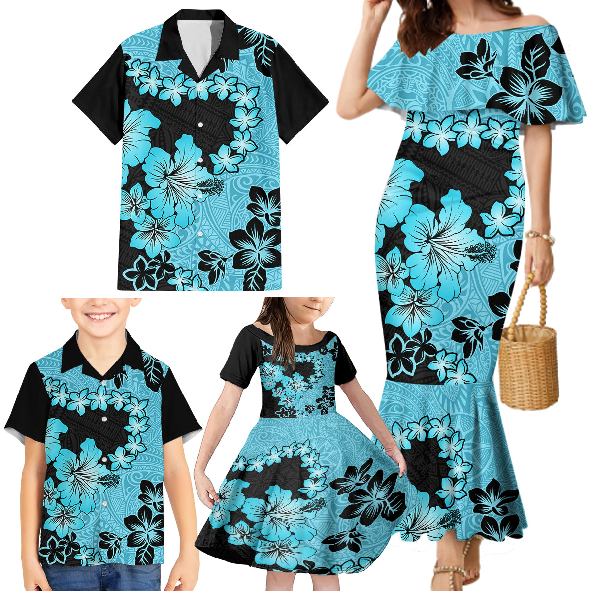 Blue Hawaii Family Matching Mermaid Dress and Hawaiian Shirt Tapa Cloth Mix Tropical Flowers Pastel Vibes LT14 - Polynesian Pride