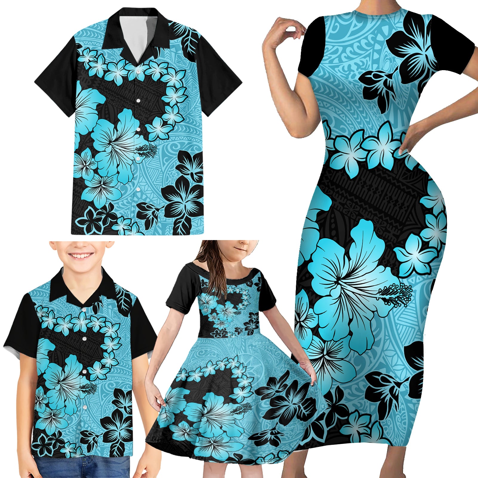 Blue Hawaii Family Matching Short Sleeve Bodycon Dress and Hawaiian Shirt Tapa Cloth Mix Tropical Flowers Pastel Vibes LT14 - Polynesian Pride