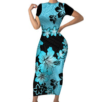 Blue Hawaii Family Matching Short Sleeve Bodycon Dress and Hawaiian Shirt Tapa Cloth Mix Tropical Flowers Pastel Vibes LT14 Mom's Dress Blue - Polynesian Pride