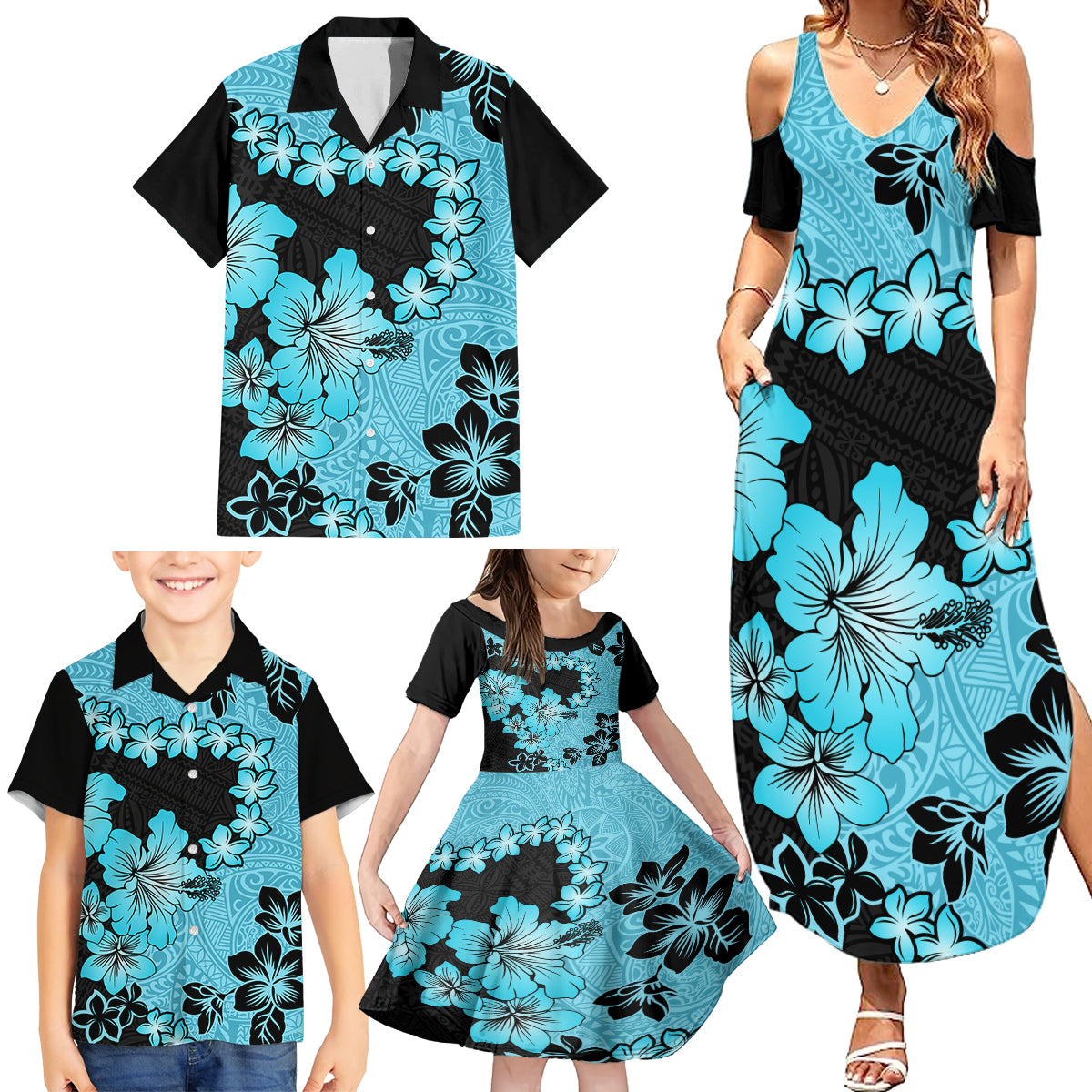 Blue Hawaii Family Matching Summer Maxi Dress and Hawaiian Shirt Tapa Cloth Mix Tropical Flowers Pastel Vibes LT14 - Polynesian Pride