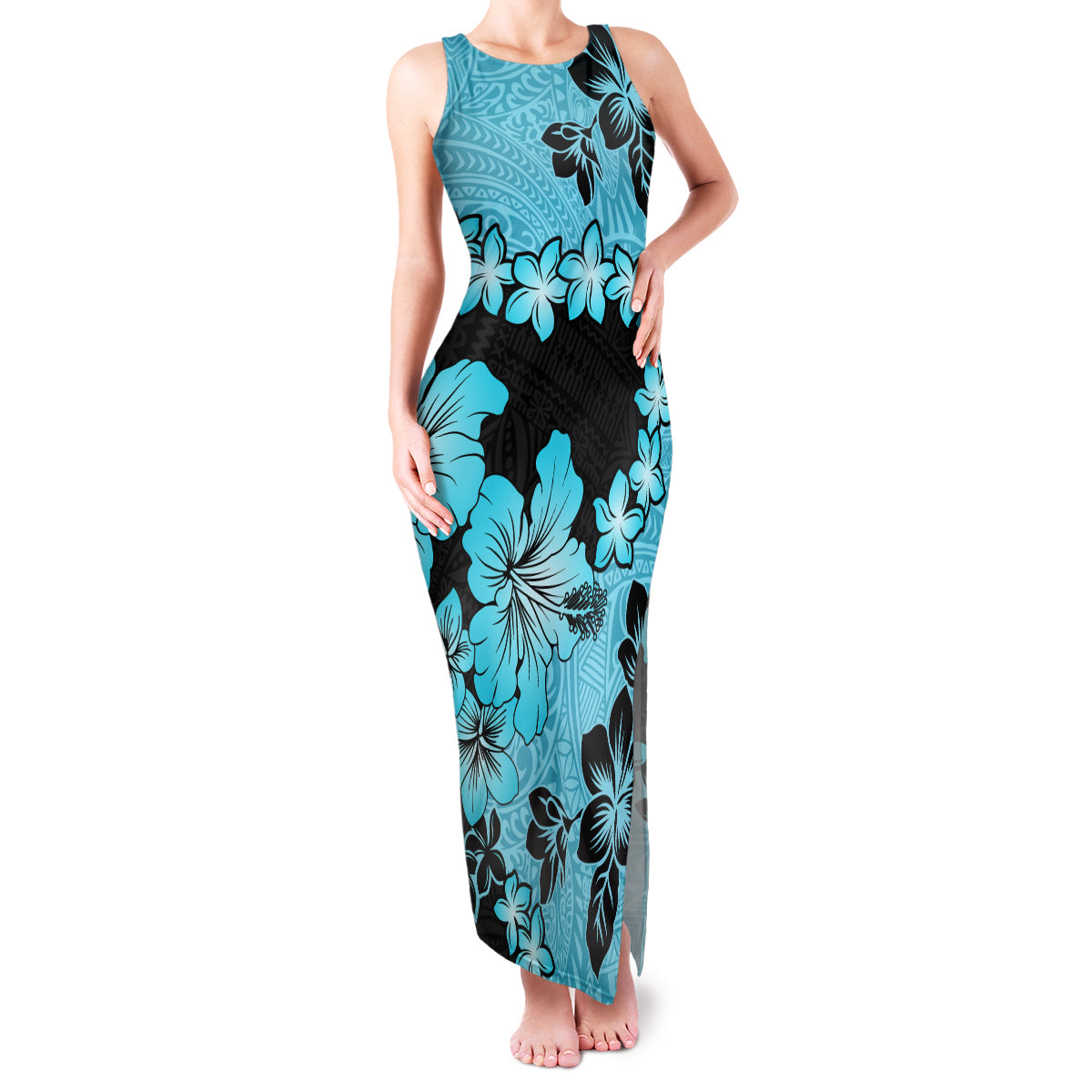 Blue Hawaii Family Matching Tank Maxi Dress and Hawaiian Shirt Tapa Cloth Mix Tropical Flowers Pastel Vibes LT14 Mom's Dress Blue - Polynesian Pride