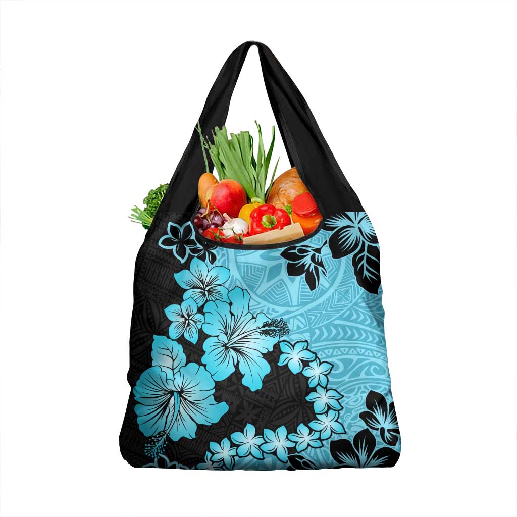 Blue Hawaii Grocery Bag Tapa Cloth Mix Tropical Flowers Pastel Vibes