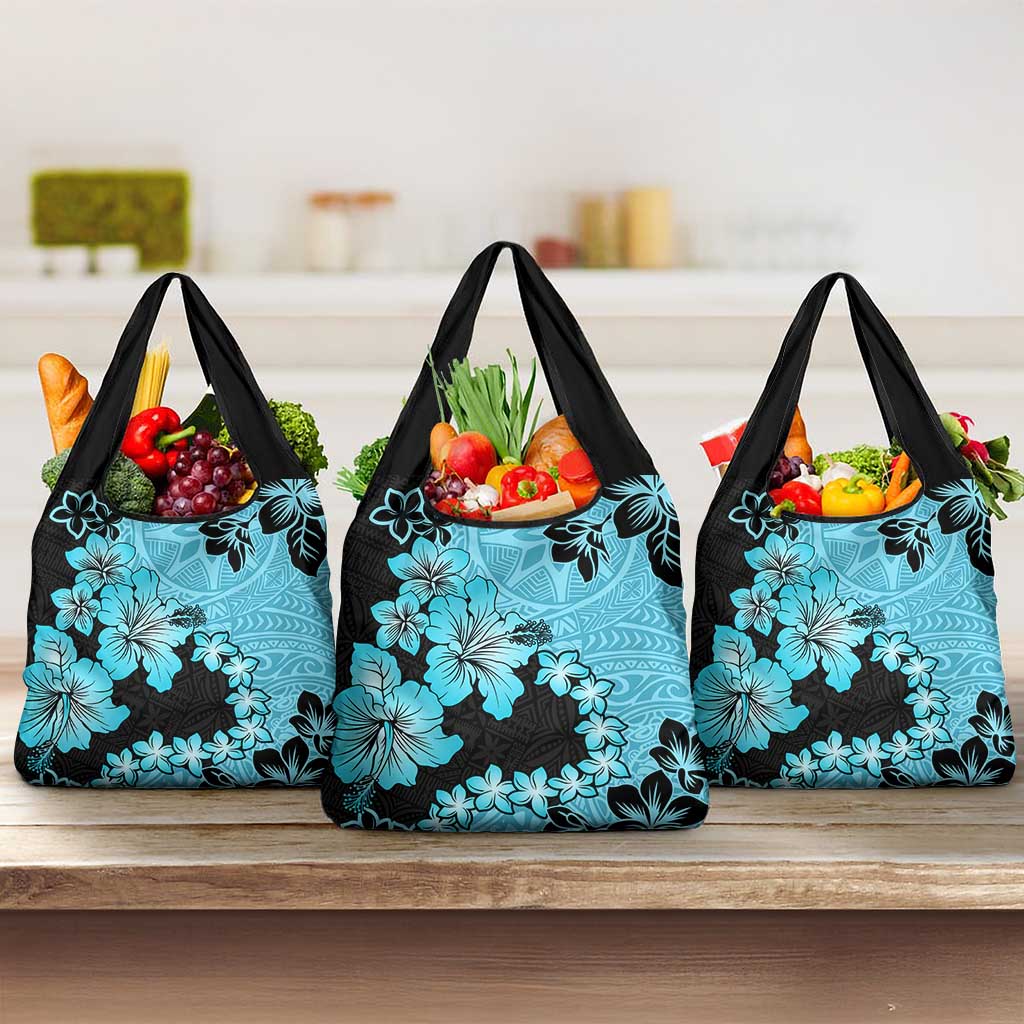 Blue Hawaii Grocery Bag Tapa Cloth Mix Tropical Flowers Pastel Vibes