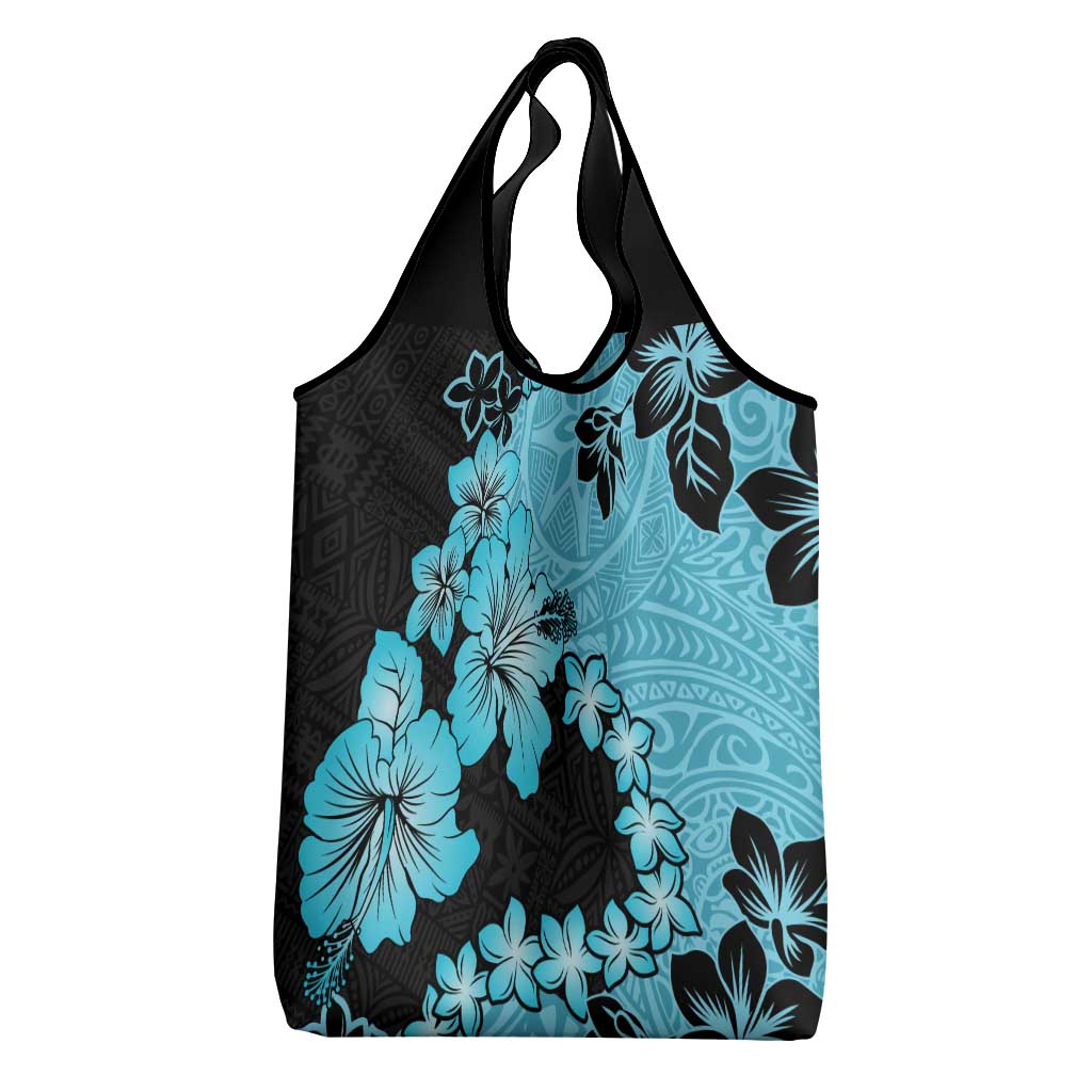 Blue Hawaii Grocery Bag Tapa Cloth Mix Tropical Flowers Pastel Vibes