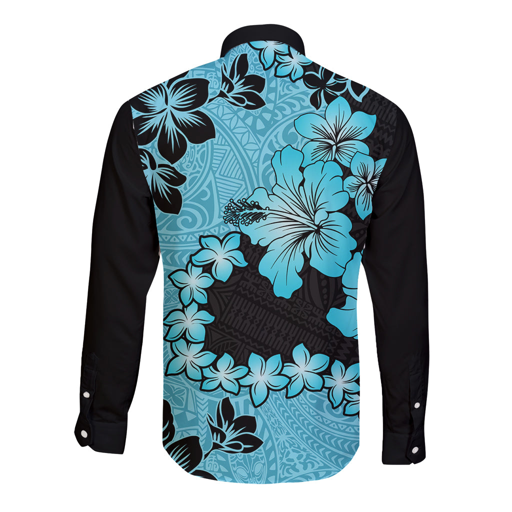 Blue Hawaii Long Sleeve Button Shirt Tapa Cloth Mix Tropical Flowers Pastel Vibes LT14 - Polynesian Pride
