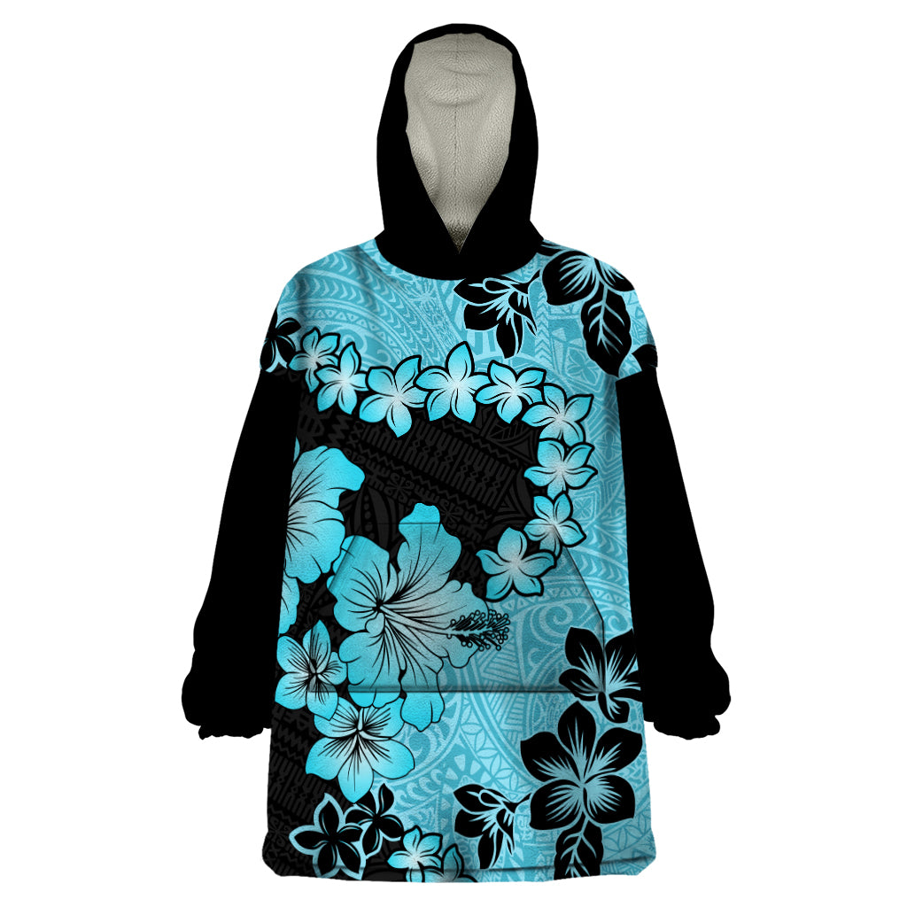 Blue Hawaii Wearable Blanket Hoodie Tapa Cloth Mix Tropical Flowers Pastel Vibes LT14 One Size Blue - Polynesian Pride