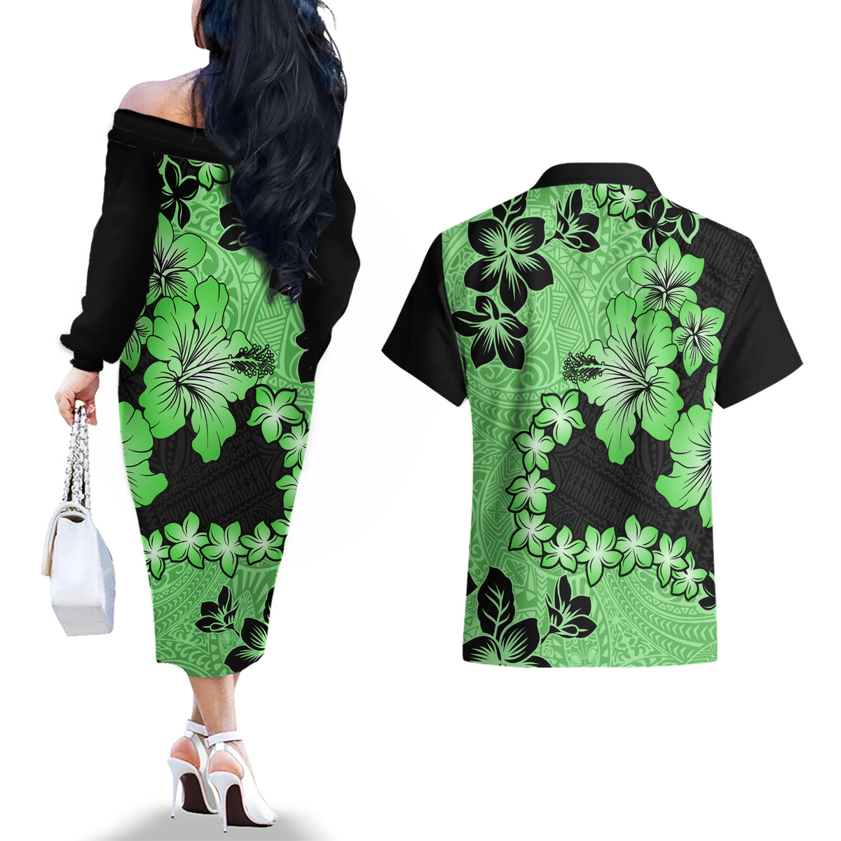 Green Hawaii Couples Matching Off The Shoulder Long Sleeve Dress and Hawaiian Shirt Tapa Cloth Mix Tropical Flowers Pastel Vibes LT14 - Polynesian Pride