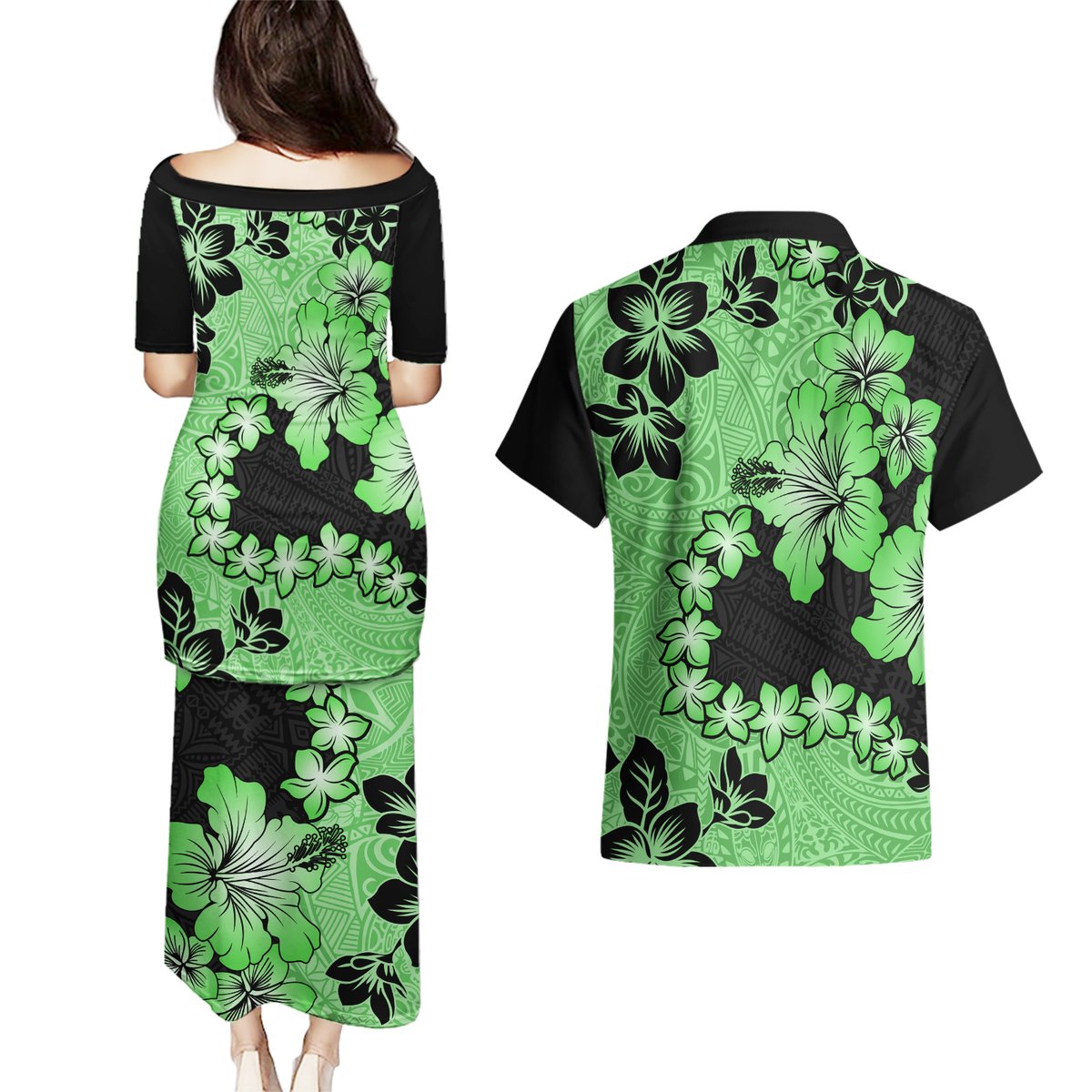 Green Hawaii Couples Matching Puletasi Dress and Hawaiian Shirt Tapa Cloth Mix Tropical Flowers Pastel Vibes LT14 - Polynesian Pride
