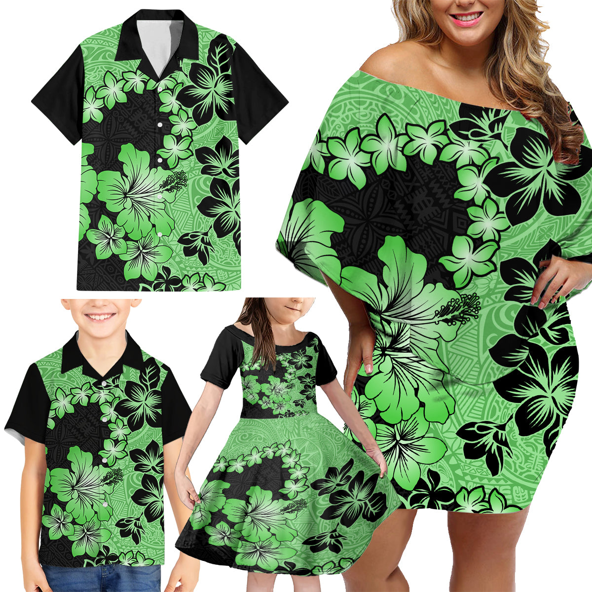 Green Hawaii Family Matching Off Shoulder Short Dress and Hawaiian Shirt Tapa Cloth Mix Tropical Flowers Pastel Vibes LT14 - Polynesian Pride