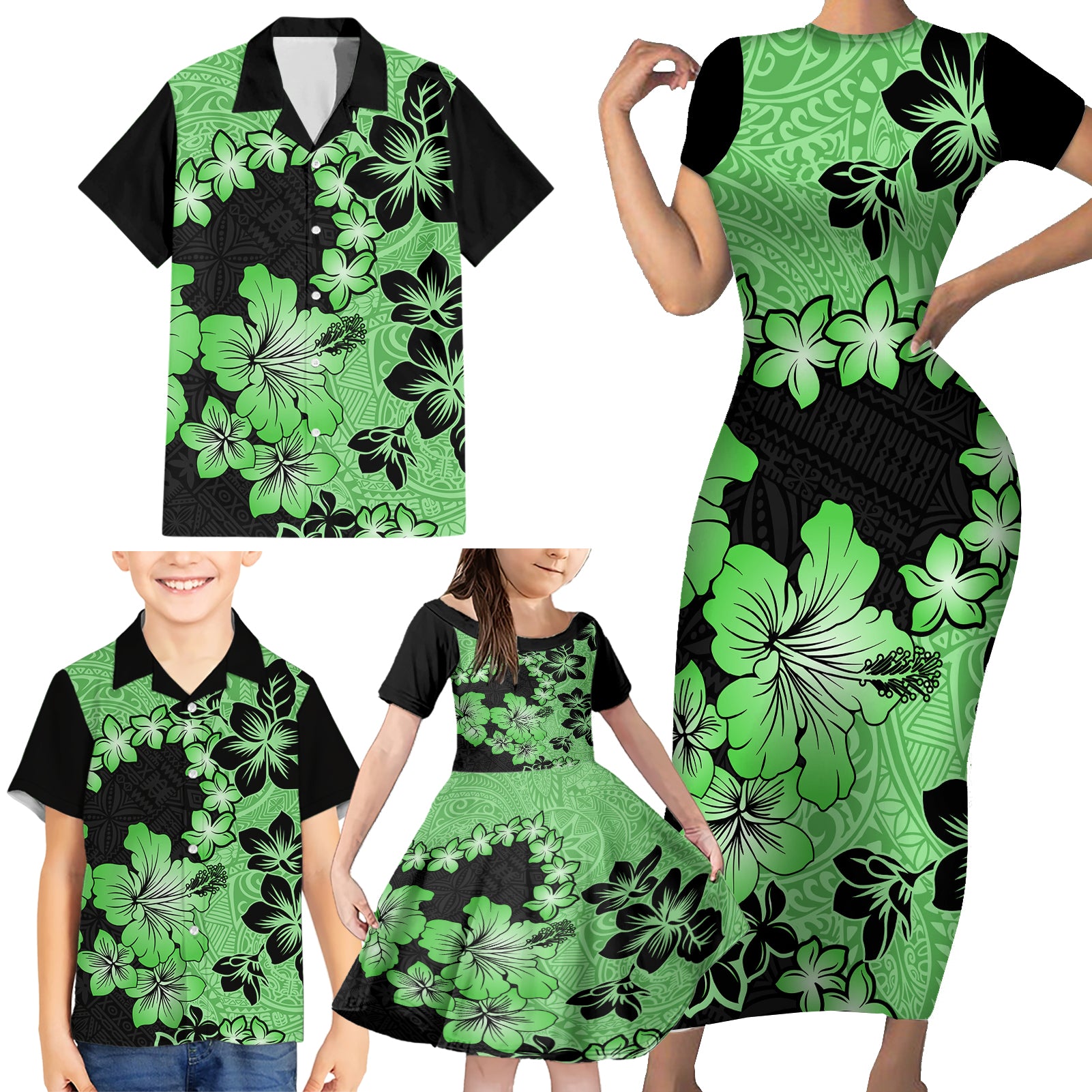 Green Hawaii Family Matching Short Sleeve Bodycon Dress and Hawaiian Shirt Tapa Cloth Mix Tropical Flowers Pastel Vibes LT14 - Polynesian Pride