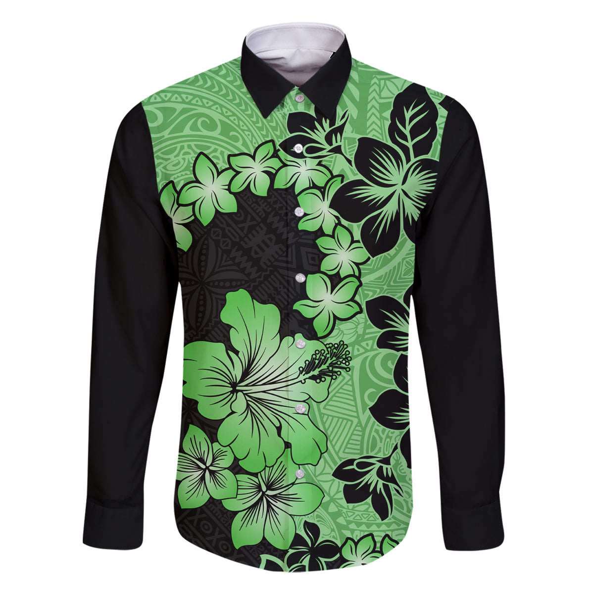 Green Hawaii Family Matching Summer Maxi Dress and Hawaiian Shirt Tapa Cloth Mix Tropical Flowers Pastel Vibes LT14 Dad's Shirt - Long Sleeve Green - Polynesian Pride