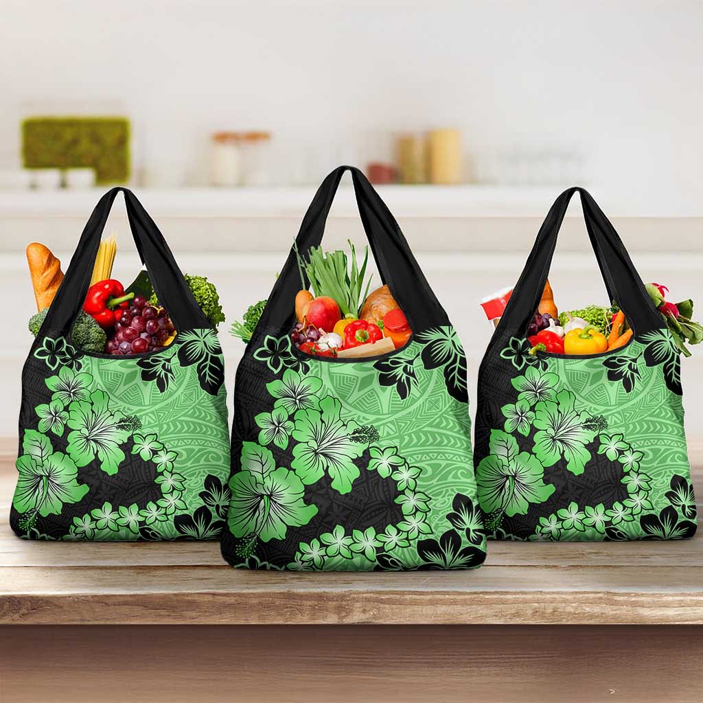 Green Hawaii Grocery Bag Tapa Cloth Mix Tropical Flowers Pastel Vibes LT14 3-pack One Size Green - Polynesian Pride