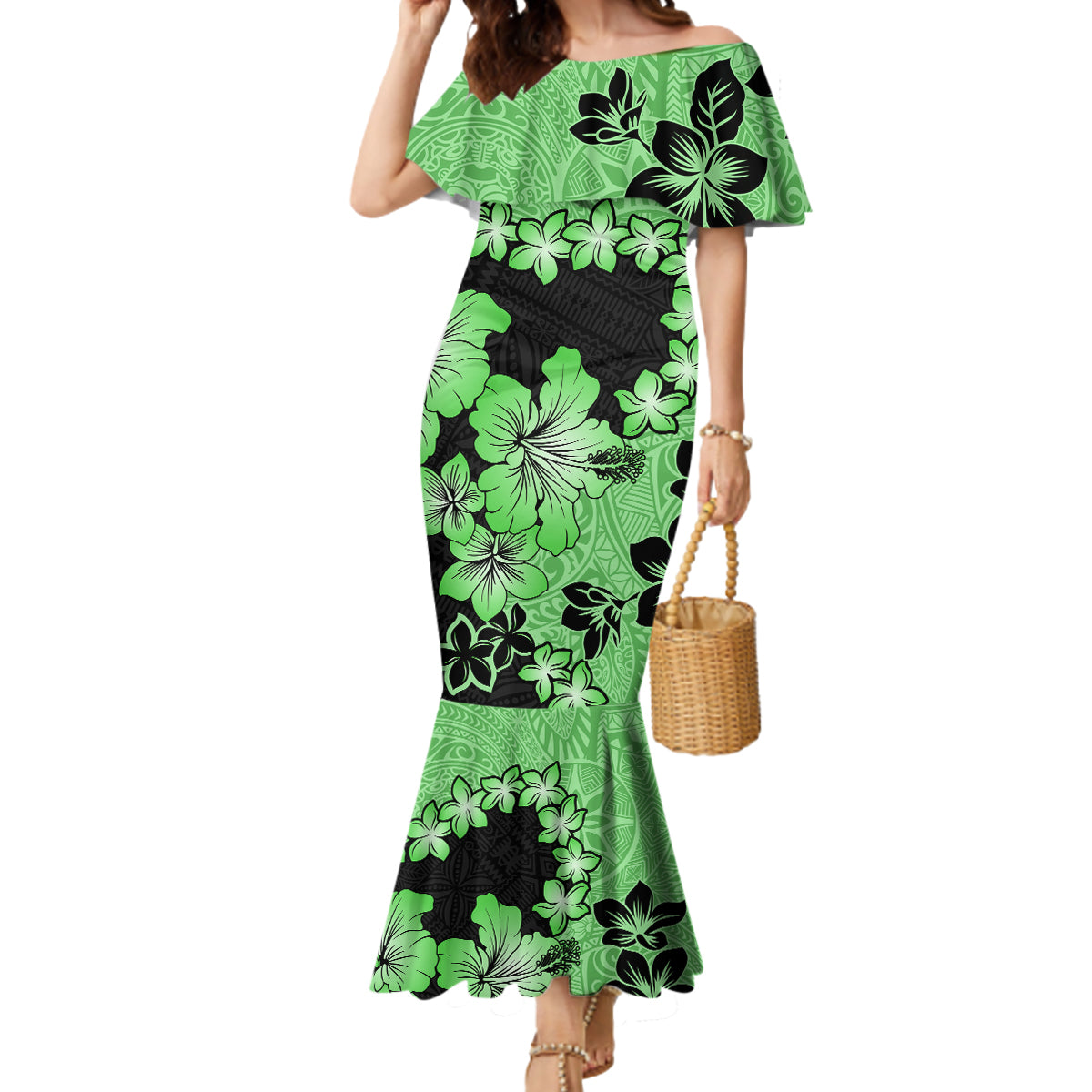 Green Hawaii Mermaid Dress Tapa Cloth Mix Tropical Flowers Pastel Vibes LT14 Women Green - Polynesian Pride