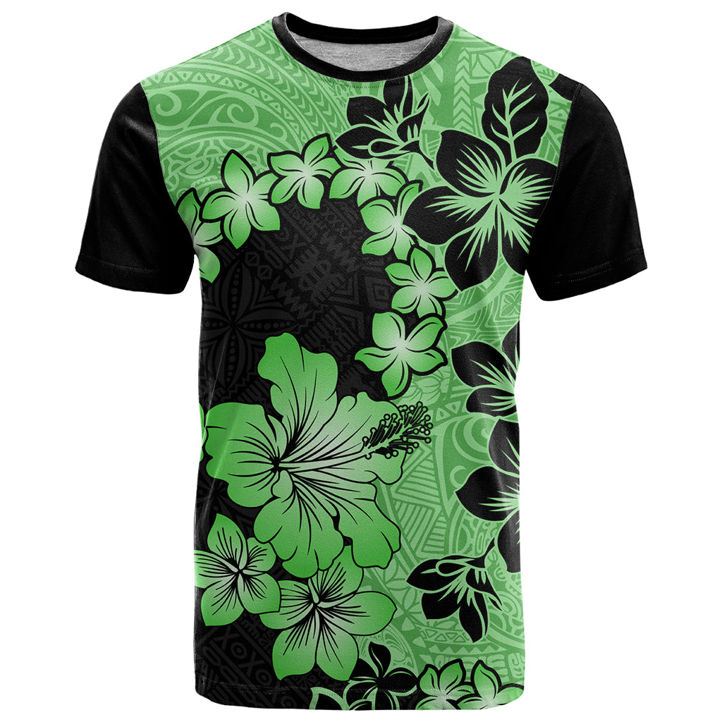 Green Hawaii T Shirt Tapa Cloth Mix Tropical Flowers Pastel Vibes LT14 Green - Polynesian Pride