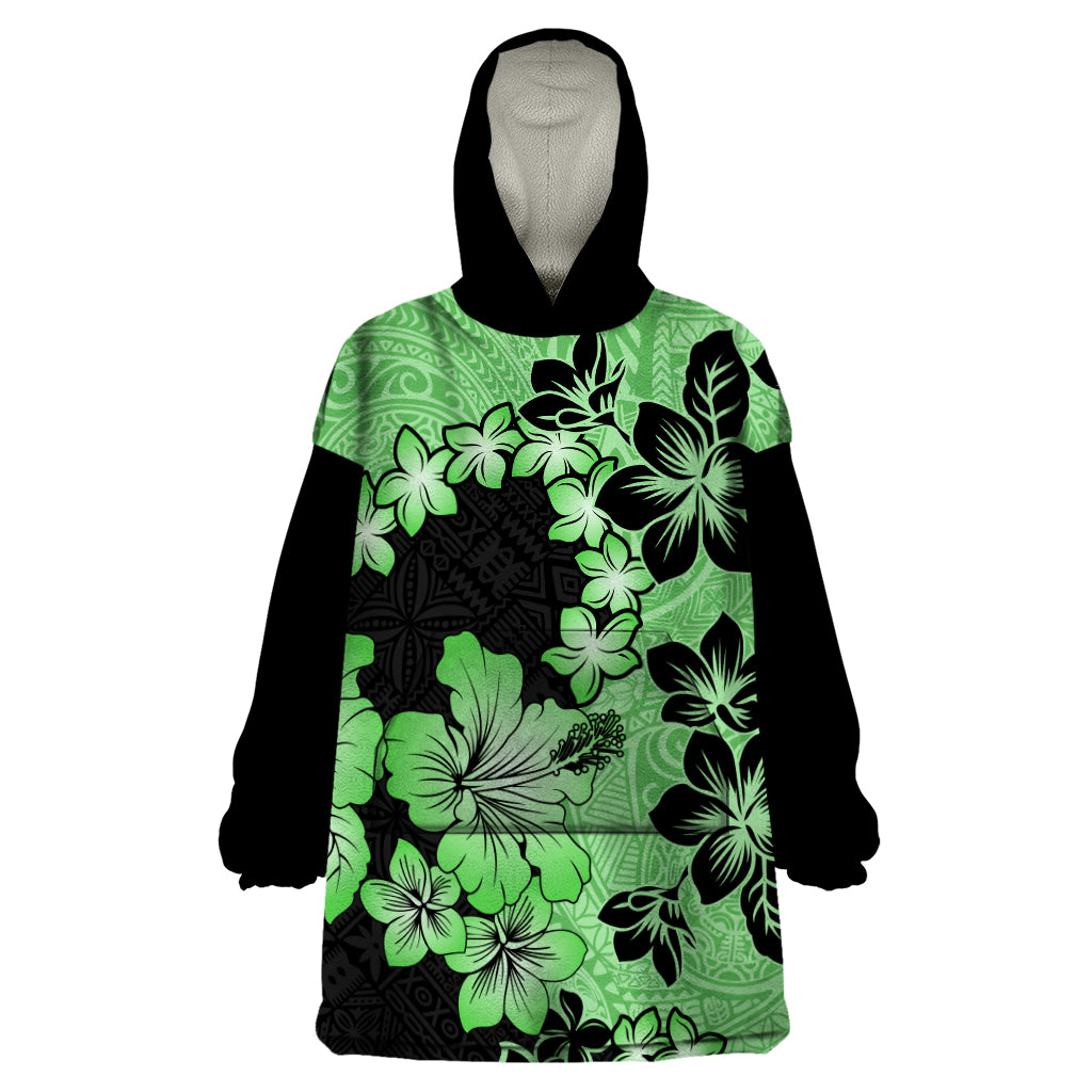 Green Hawaii Wearable Blanket Hoodie Tapa Cloth Mix Tropical Flowers Pastel Vibes LT14 One Size Green - Polynesian Pride