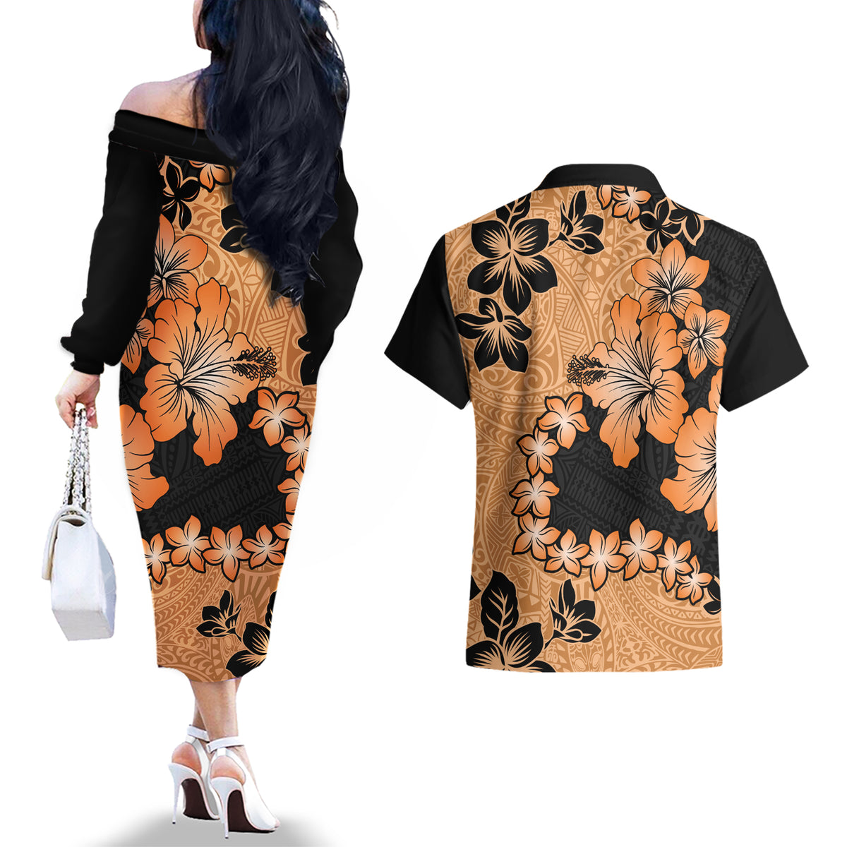 Orange Hawaii Couples Matching Off The Shoulder Long Sleeve Dress and Hawaiian Shirt Tapa Cloth Mix Tropical Flowers Pastel Vibes LT14 - Polynesian Pride