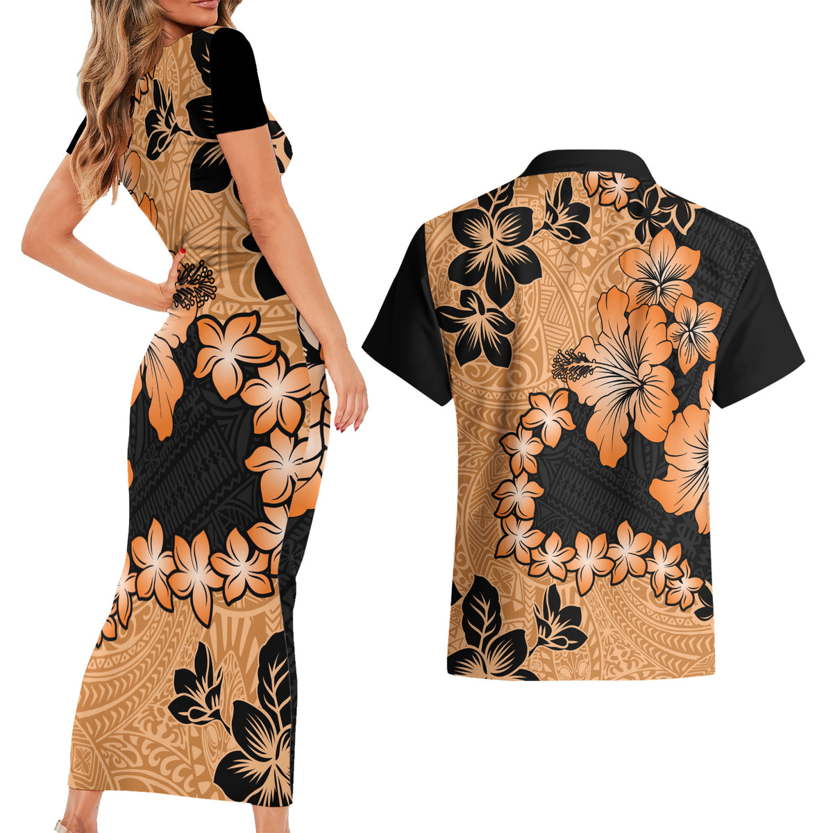 Orange Hawaii Couples Matching Short Sleeve Bodycon Dress and Hawaiian Shirt Tapa Cloth Mix Tropical Flowers Pastel Vibes LT14 - Polynesian Pride