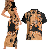 Orange Hawaii Couples Matching Short Sleeve Bodycon Dress and Hawaiian Shirt Tapa Cloth Mix Tropical Flowers Pastel Vibes LT14 - Polynesian Pride