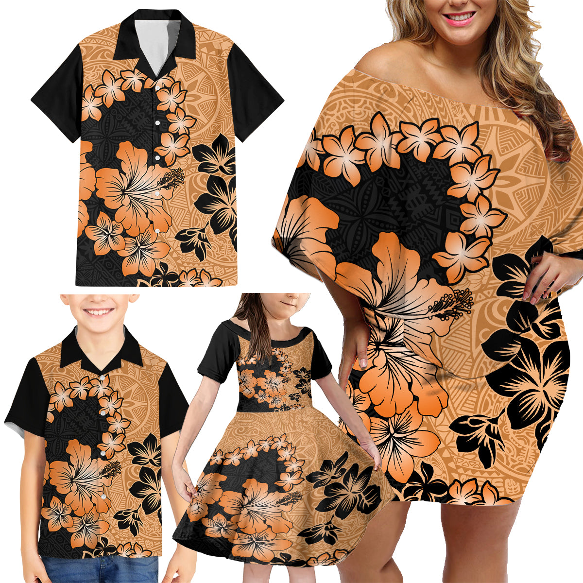 Orange Hawaii Family Matching Off Shoulder Short Dress and Hawaiian Shirt Tapa Cloth Mix Tropical Flowers Pastel Vibes LT14 - Polynesian Pride