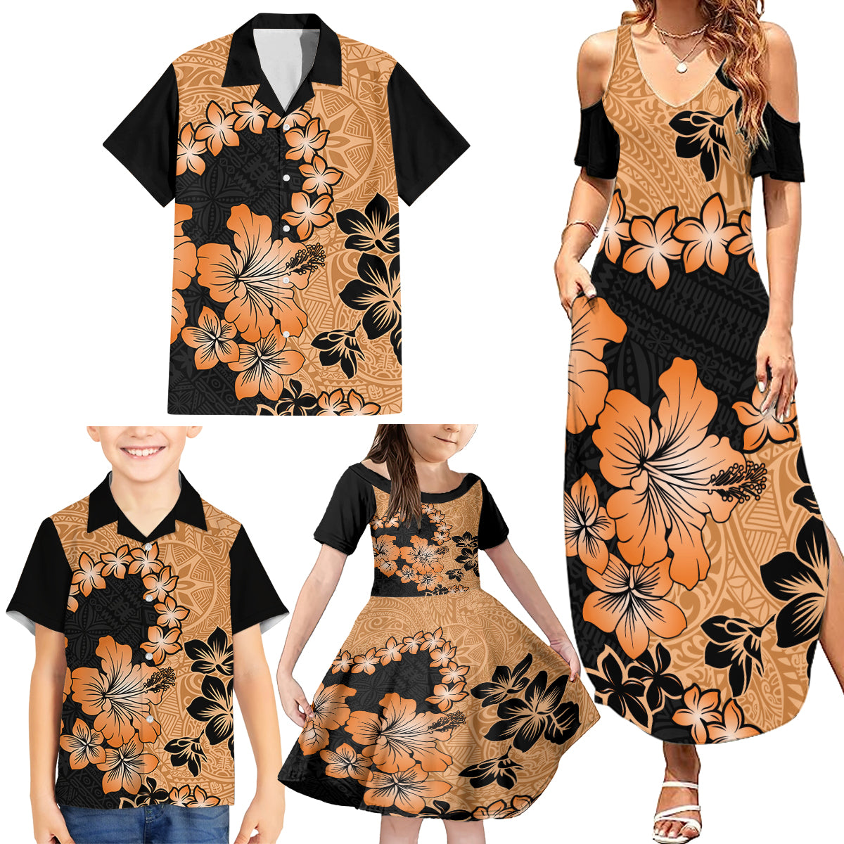 Orange Hawaii Family Matching Summer Maxi Dress and Hawaiian Shirt Tapa Cloth Mix Tropical Flowers Pastel Vibes LT14 - Polynesian Pride