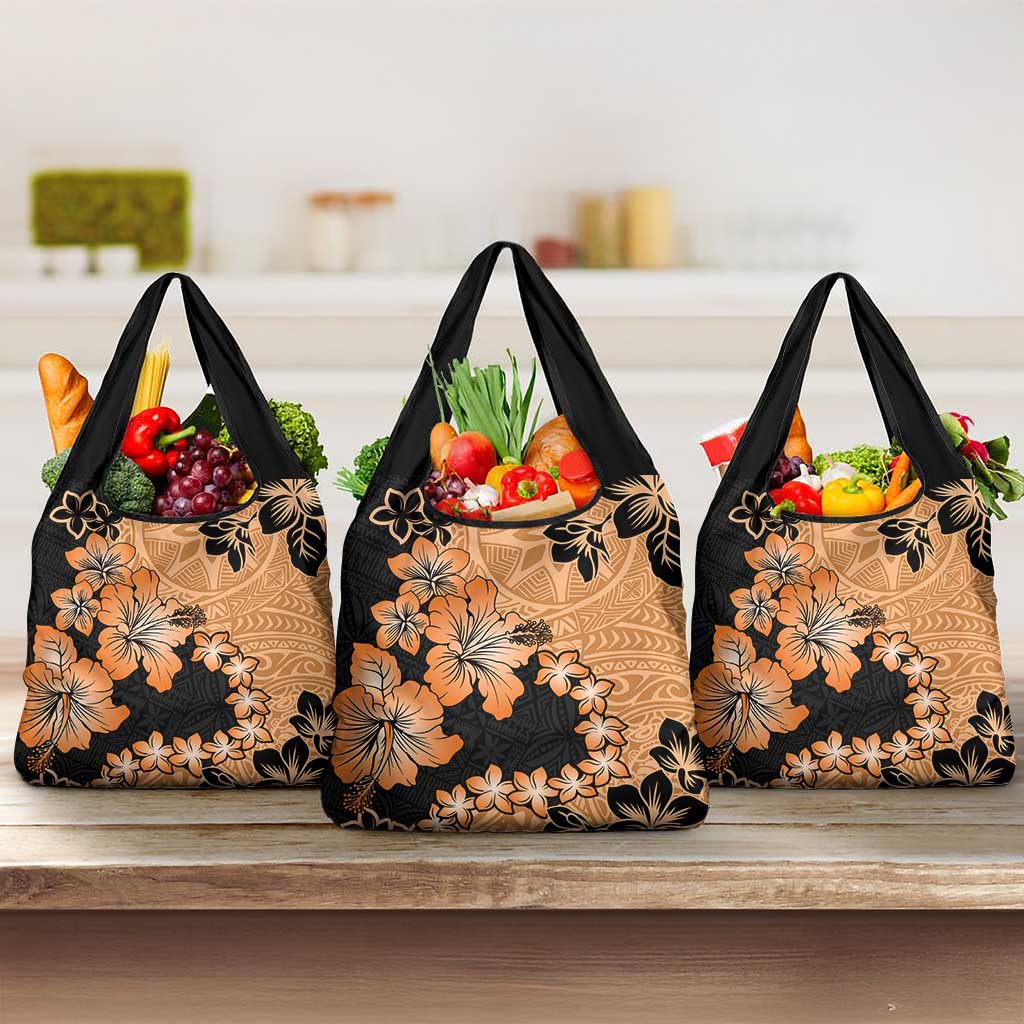 Orange Hawaii Grocery Bag Tapa Cloth Mix Tropical Flowers Pastel Vibes LT14 3-pack One Size Orange - Polynesian Pride