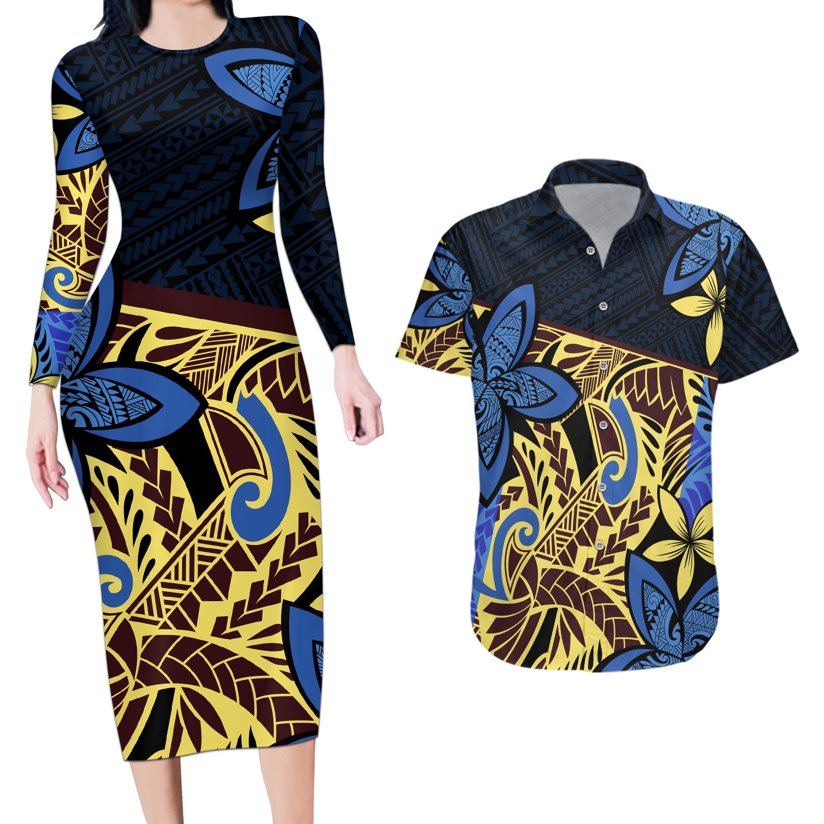 Polynesia Fabric Couples Matching Long Sleeve Bodycon Dress and Hawaiian Shirt Polynesian Tribal With Frangipani Flowers LT14 Blue - Polynesian Pride