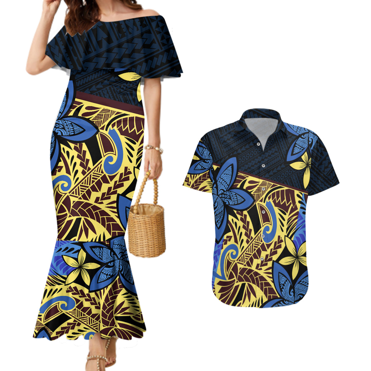 Polynesia Fabric Couples Matching Mermaid Dress and Hawaiian Shirt Polynesian Tribal With Frangipani Flowers LT14 Blue - Polynesian Pride