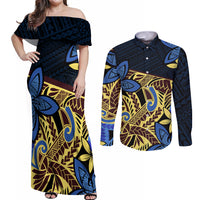Polynesia Fabric Couples Matching Off Shoulder Maxi Dress and Long Sleeve Button Shirt Polynesian Tribal With Frangipani Flowers LT14 Blue - Polynesian Pride