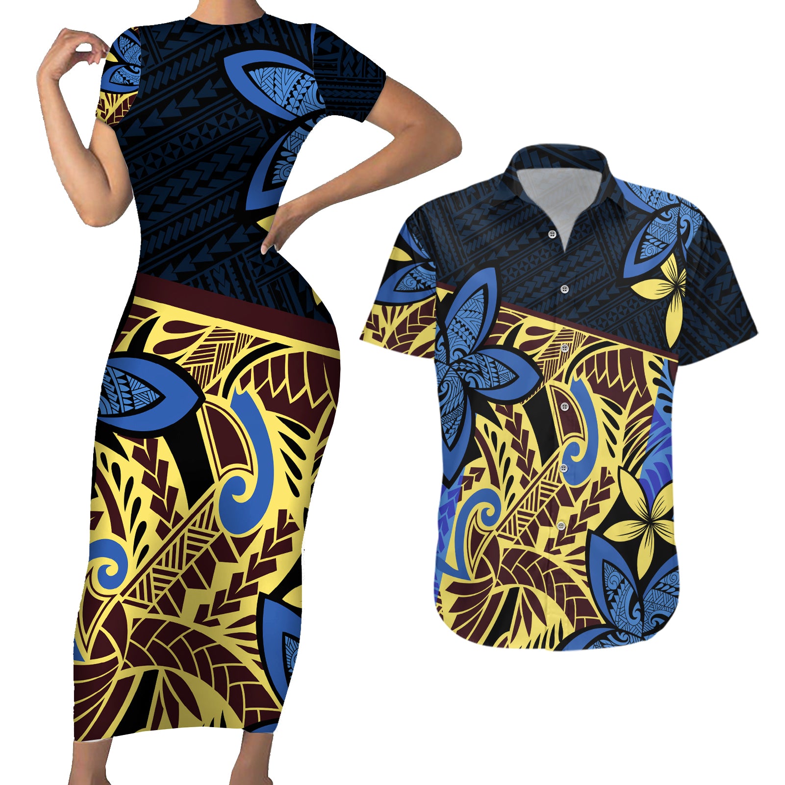 Polynesia Fabric Couples Matching Short Sleeve Bodycon Dress and Hawaiian Shirt Polynesian Tribal With Frangipani Flowers LT14 Blue - Polynesian Pride