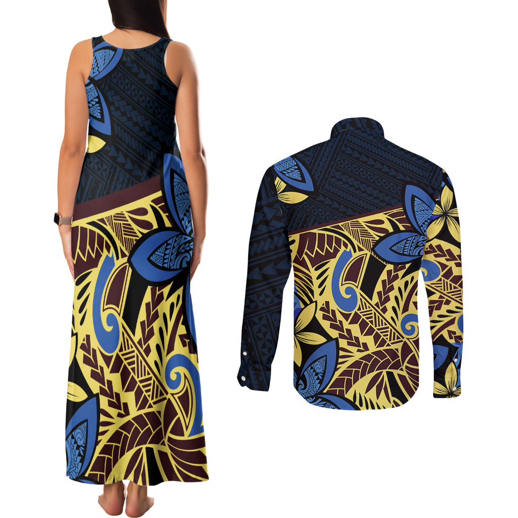 Polynesia Fabric Couples Matching Tank Maxi Dress and Long Sleeve Button Shirt Polynesian Tribal With Frangipani Flowers LT14 - Polynesian Pride