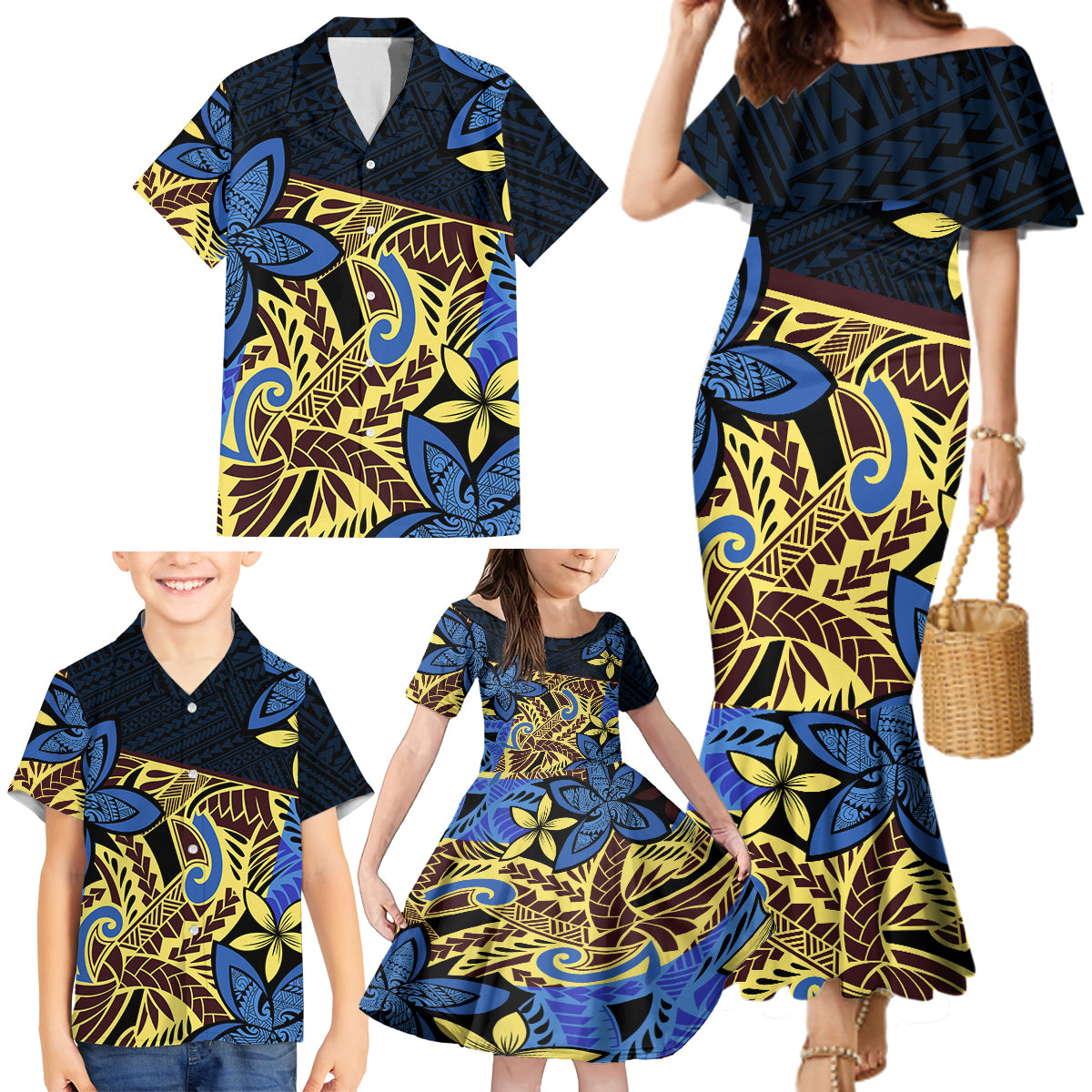 Polynesia Fabric Family Matching Mermaid Dress and Hawaiian Shirt Polynesian Tribal With Frangipani Flowers LT14 - Polynesian Pride