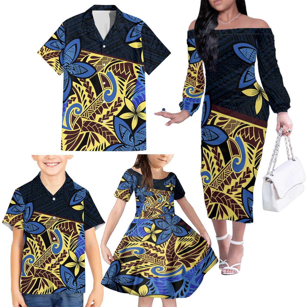 Polynesia Fabric Family Matching Off Shoulder Long Sleeve Dress and Hawaiian Shirt Polynesian Tribal With Frangipani Flowers LT14 - Polynesian Pride