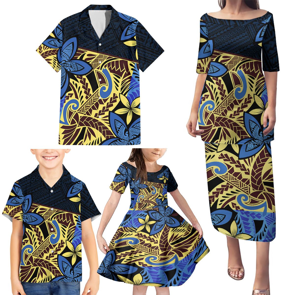 Polynesia Fabric Family Matching Puletasi Dress and Hawaiian Shirt Polynesian Tribal With Frangipani Flowers LT14 - Polynesian Pride