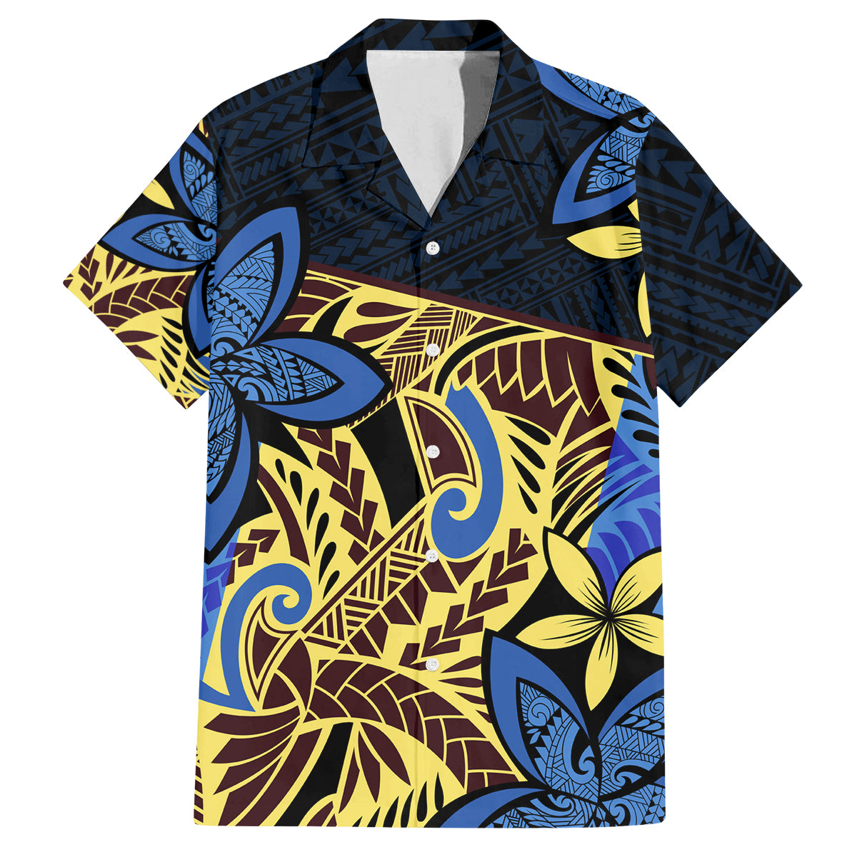 Polynesia Fabric Family Matching Puletasi Dress and Hawaiian Shirt Polynesian Tribal With Frangipani Flowers LT14 Dad's Shirt - Short Sleeve Blue - Polynesian Pride