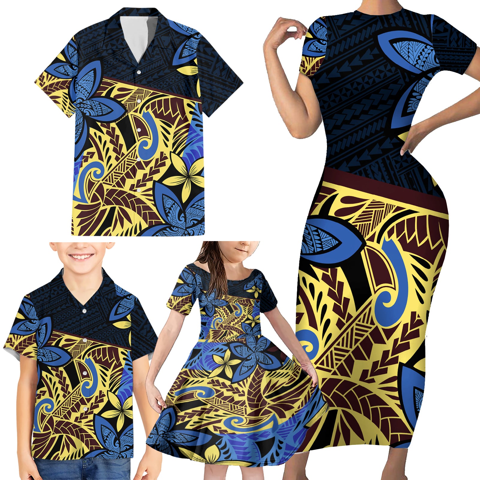 Polynesia Fabric Family Matching Short Sleeve Bodycon Dress and Hawaiian Shirt Polynesian Tribal With Frangipani Flowers LT14 - Polynesian Pride