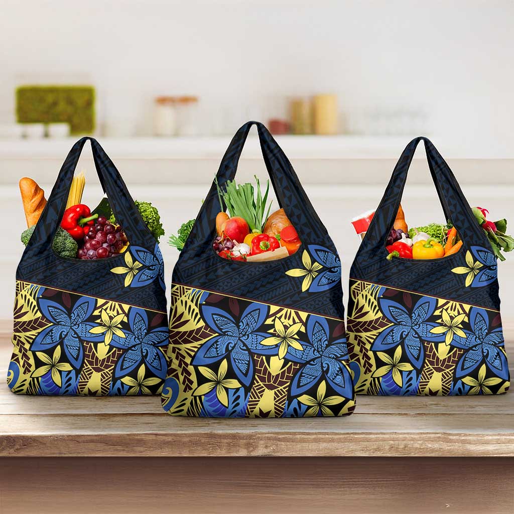 Polynesia Fabric Grocery Bag Polynesian Tribal With Frangipani Flowers LT14 3-pack One Size Blue - Polynesian Pride