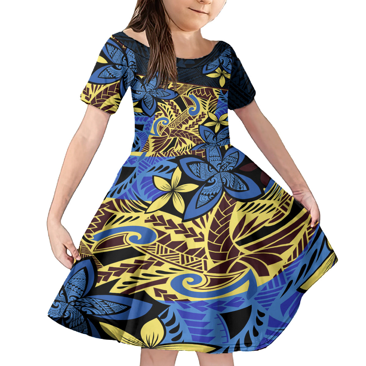 Polynesia Fabric Kid Short Sleeve Dress Polynesian Tribal With Frangipani Flowers LT14 KID Blue - Polynesian Pride