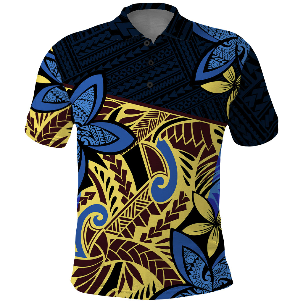Polynesia Fabric Polo Shirt Polynesian Tribal With Frangipani Flowers LT14 Blue - Polynesian Pride