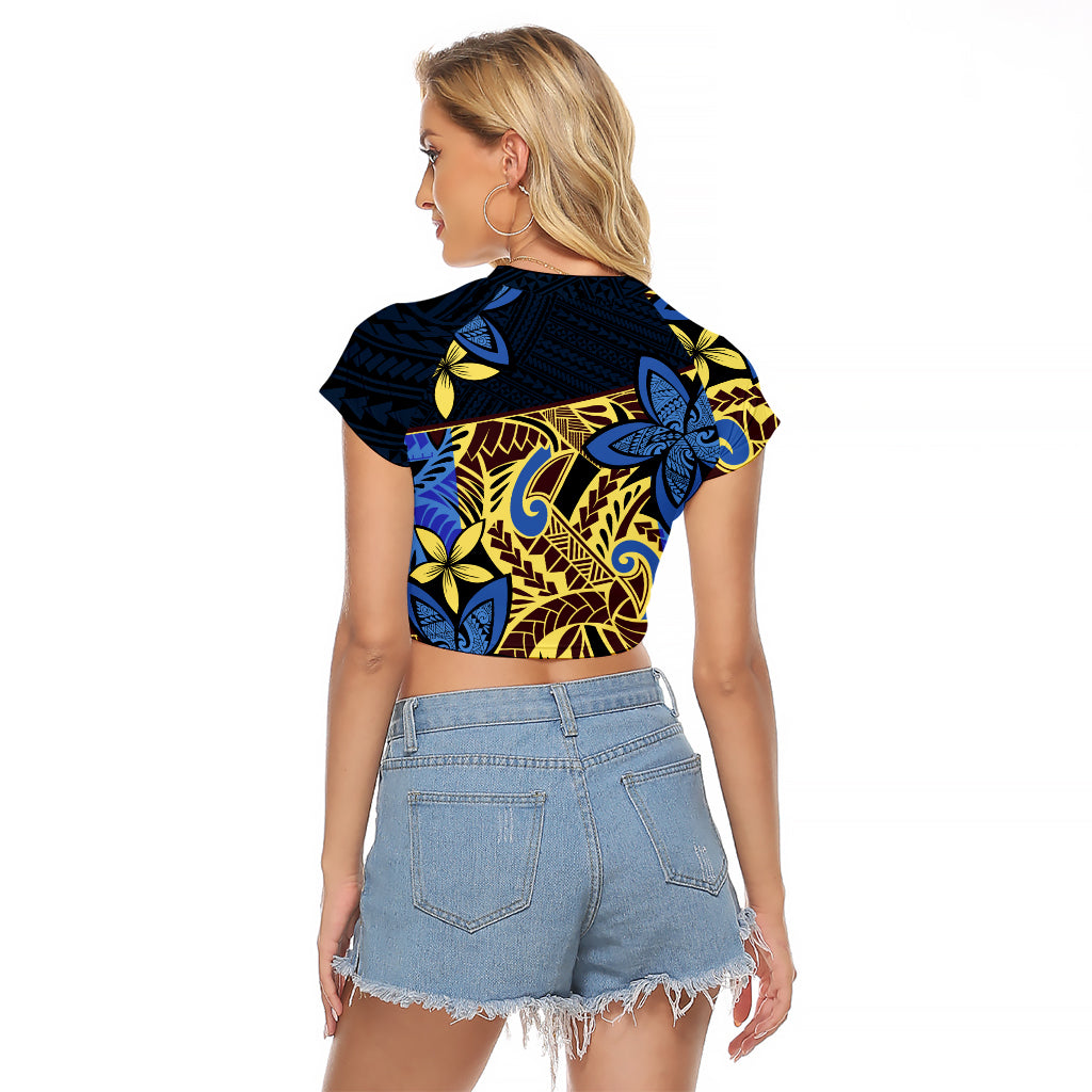Polynesia Fabric Raglan Cropped T Shirt Polynesian Tribal With Frangipani Flowers LT14 - Polynesian Pride