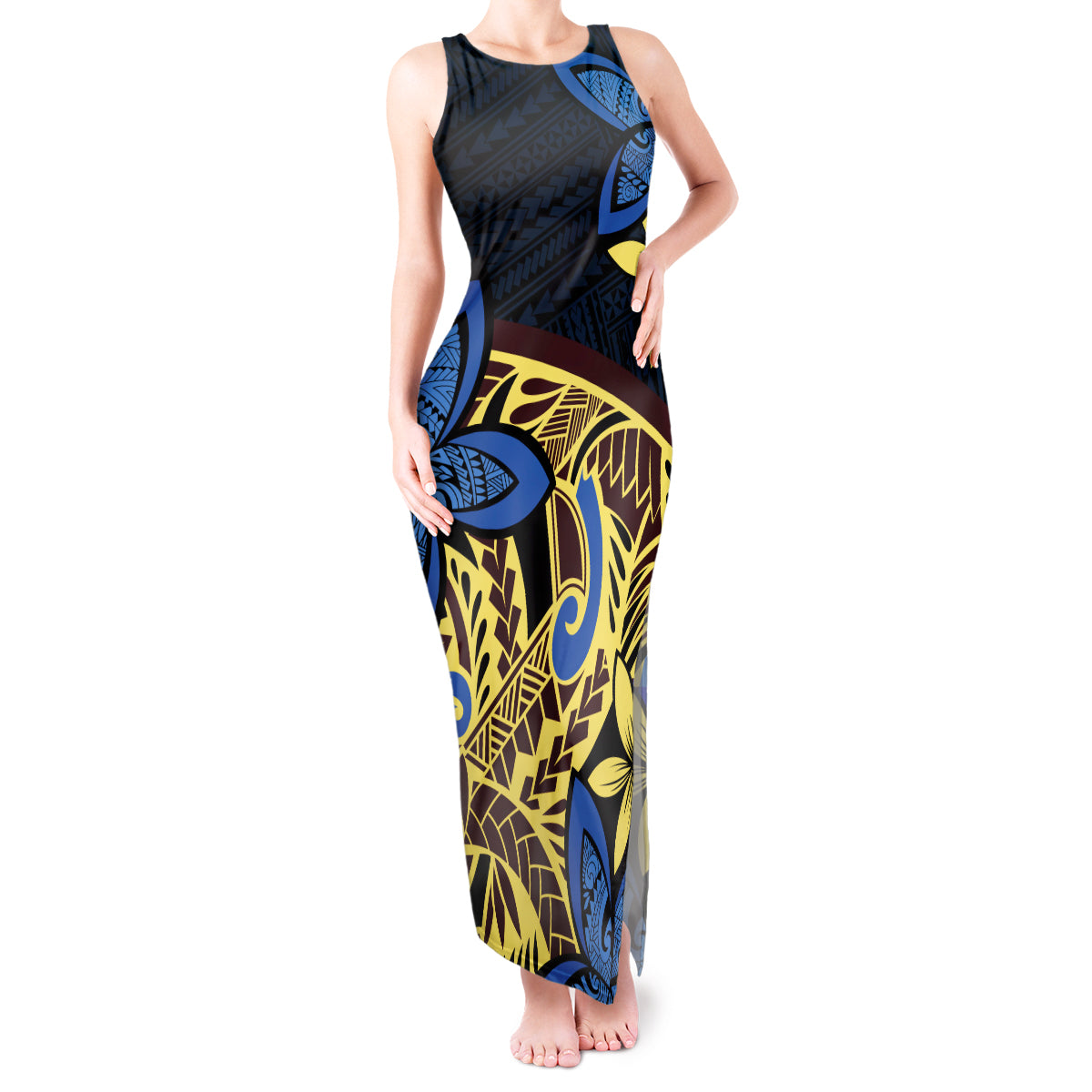 Polynesia Fabric Tank Maxi Dress Polynesian Tribal With Frangipani Flowers LT14 Women Blue - Polynesian Pride