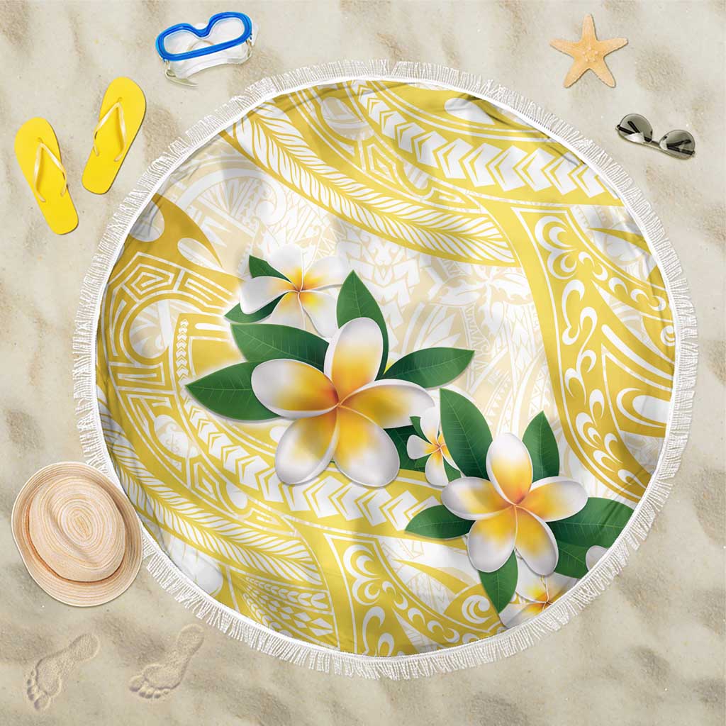 Gold And White Polynesia Plumeria Beach Blanket Curves Tropical Vibes LT14 One Size 150cm Gold - Polynesian Pride