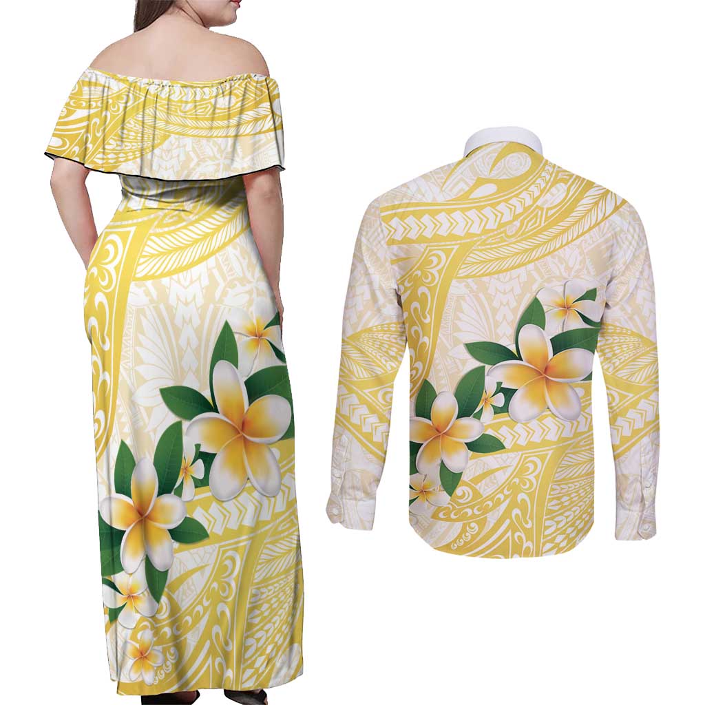 Gold And White Polynesia Plumeria Couples Matching Off Shoulder Maxi Dress and Long Sleeve Button Shirt Curves Tropical Vibes LT14 - Polynesian Pride