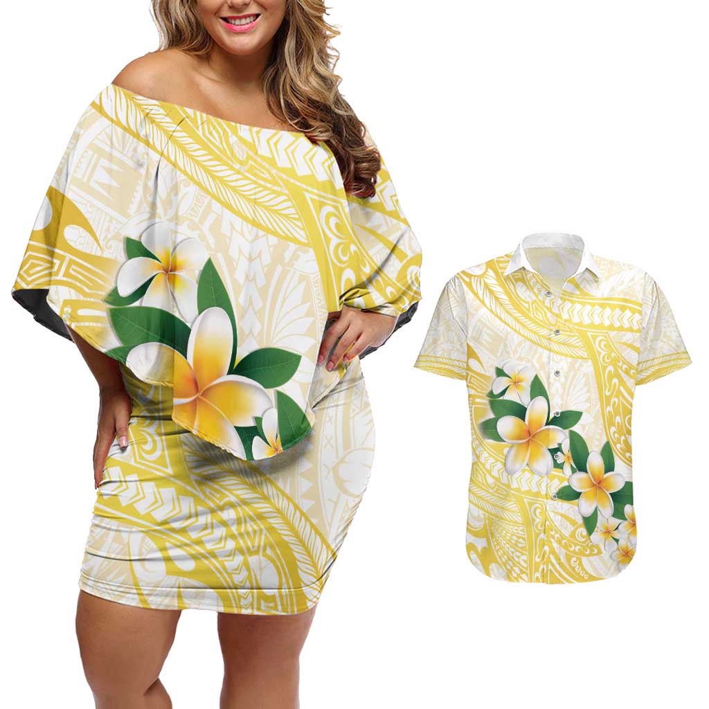 Gold And White Polynesia Plumeria Couples Matching Off Shoulder Short Dress and Hawaiian Shirt Curves Tropical Vibes LT14 Gold - Polynesian Pride