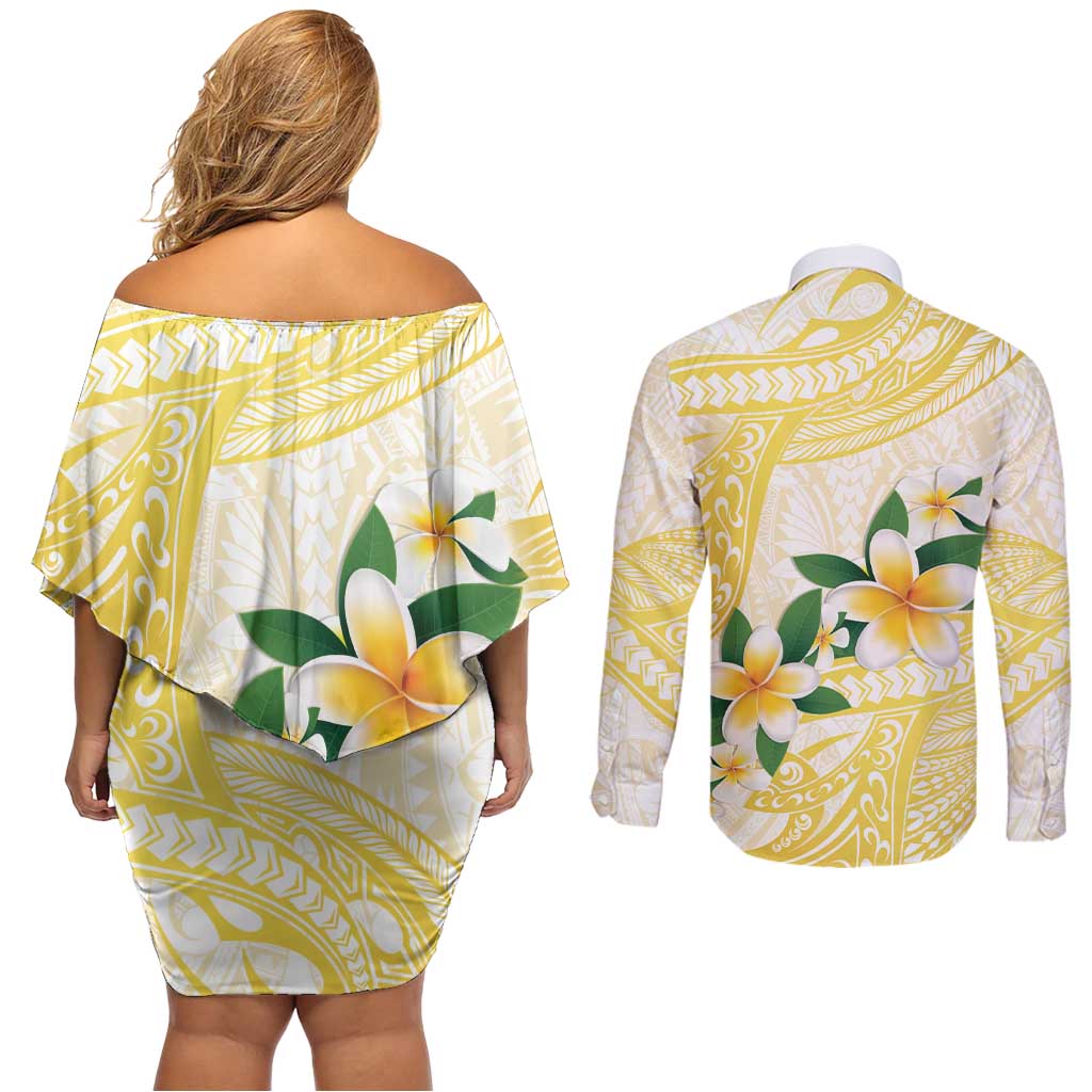 Gold And White Polynesia Plumeria Couples Matching Off Shoulder Short Dress and Long Sleeve Button Shirt Curves Tropical Vibes LT14 - Polynesian Pride