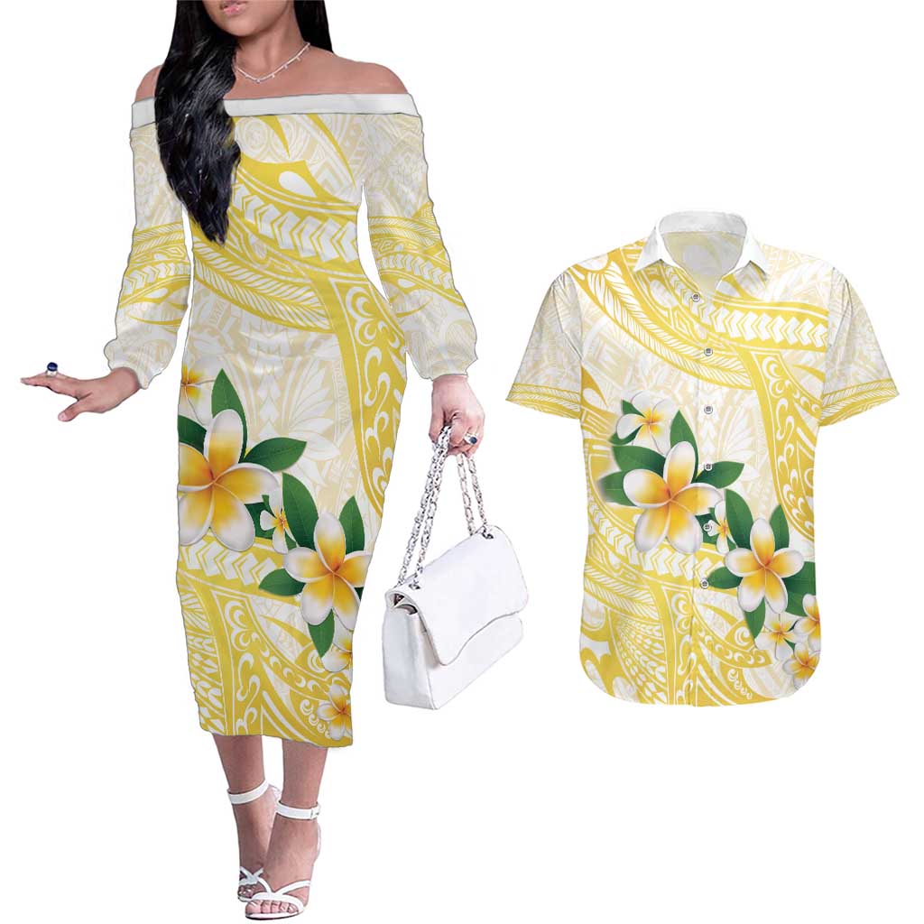 Gold And White Polynesia Plumeria Couples Matching Off The Shoulder Long Sleeve Dress and Hawaiian Shirt Curves Tropical Vibes LT14 Gold - Polynesian Pride